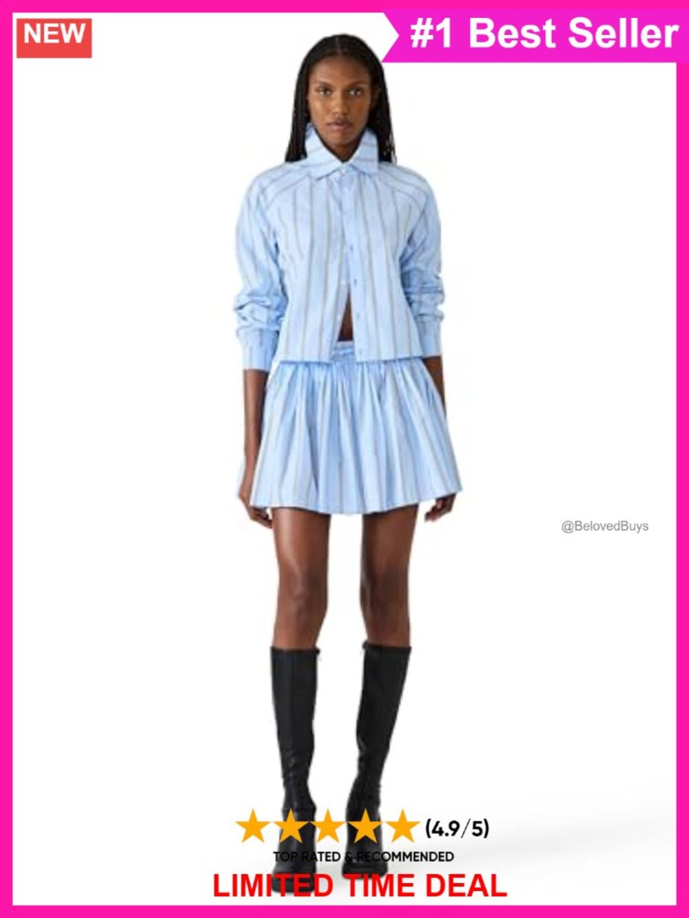 Striped Button Down Collared Blouson Top Long Sleeve